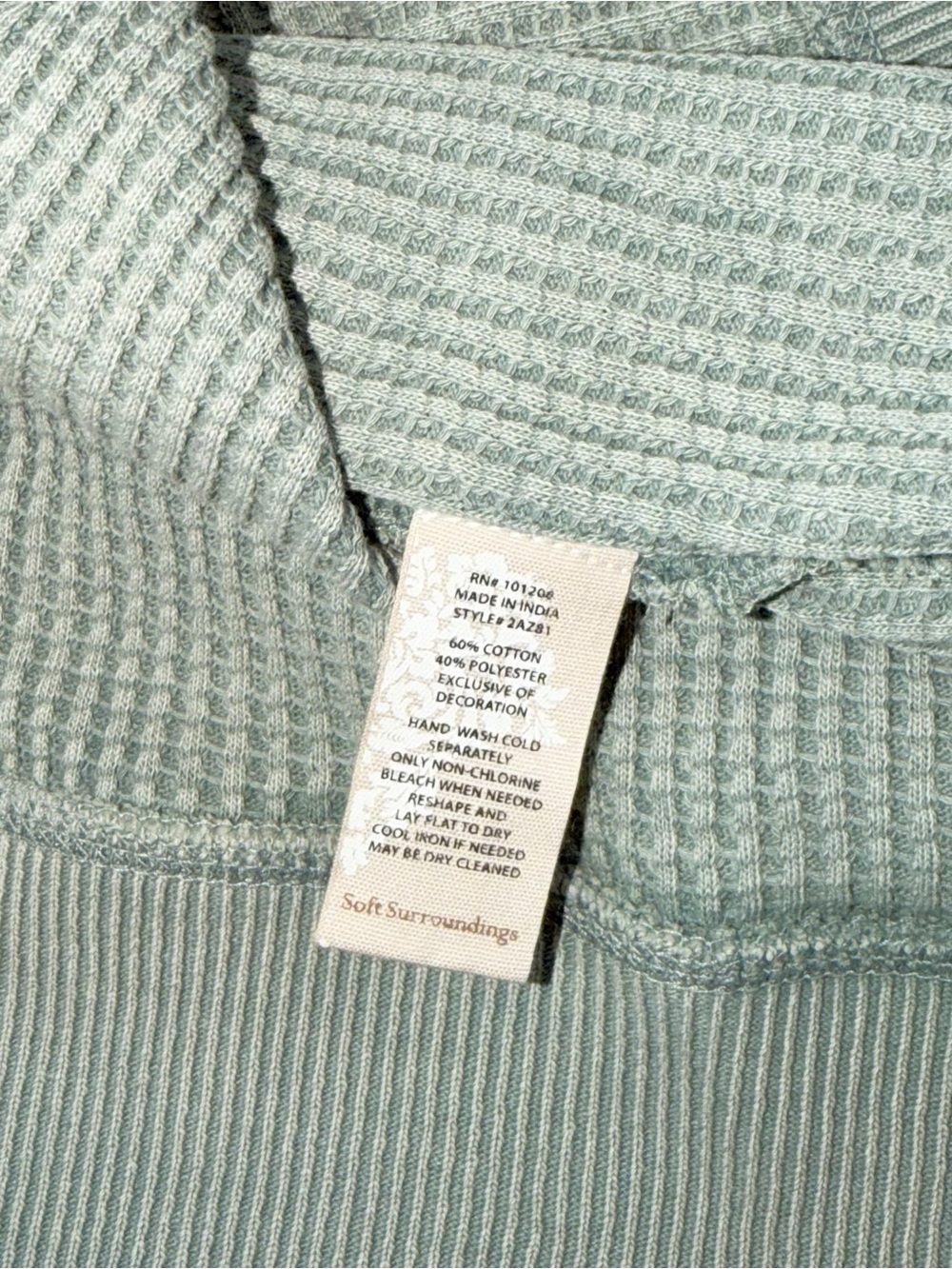 NWT Soft Surroundings Waffle Knit Top Faded Sage Green Pocket Cotton Tunic Sz M - Picture 13 of 13
